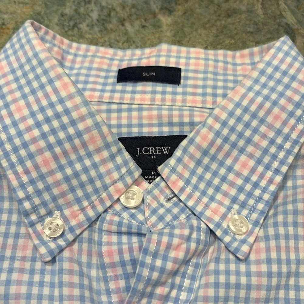 J. Crew Men's Casual Blue Pink Plaid Shirt slim medium button down long sleeve